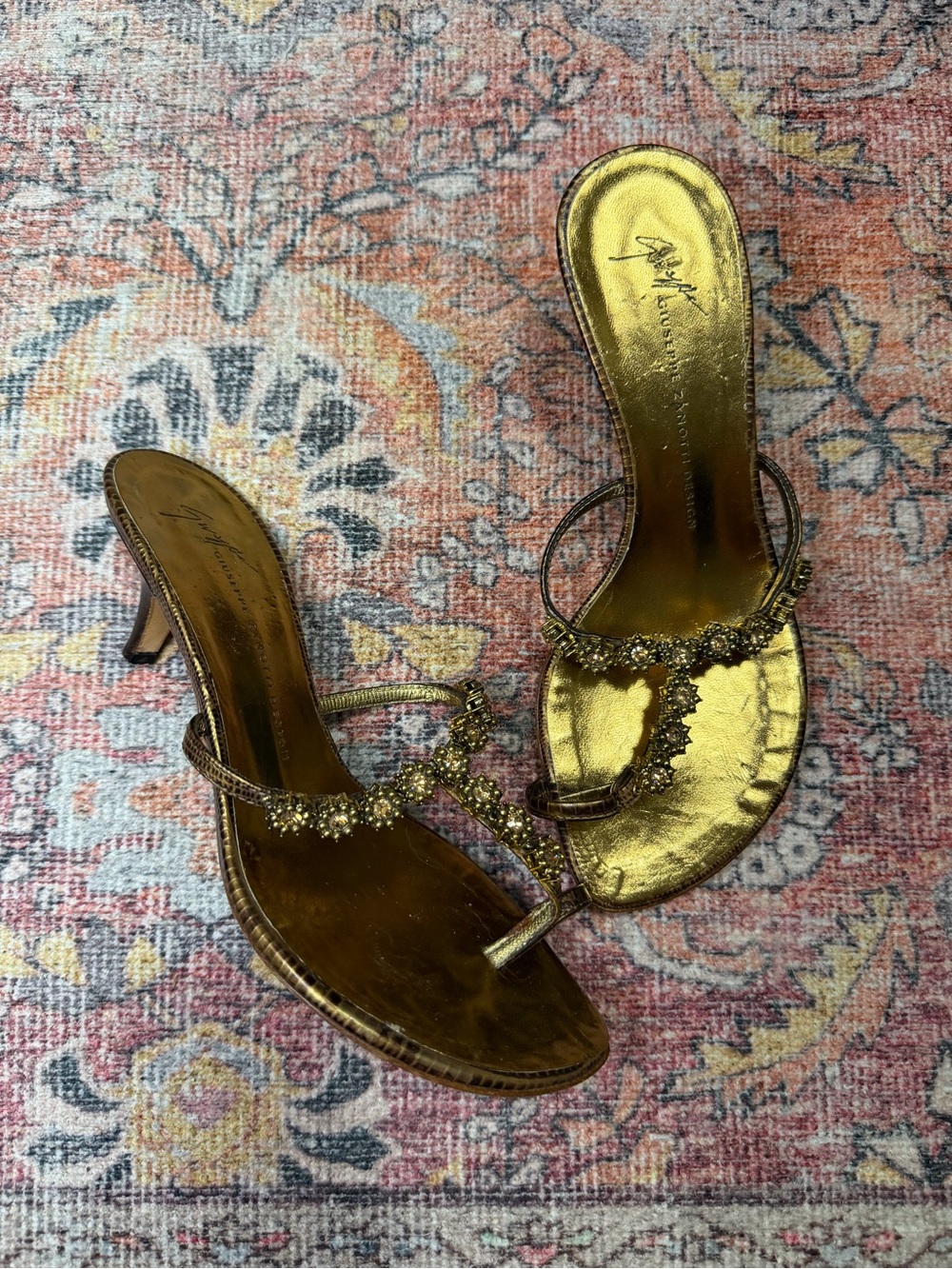 Y2K Giuseppe Zanotti gold/bronze kitten heel embellished mules